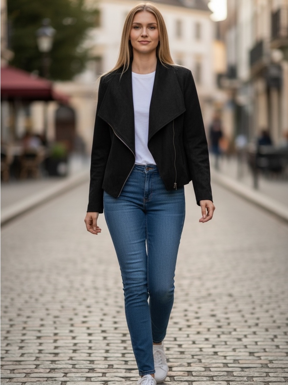 Tahari Black Faux Suède Zip Front Draped Moto Blazer